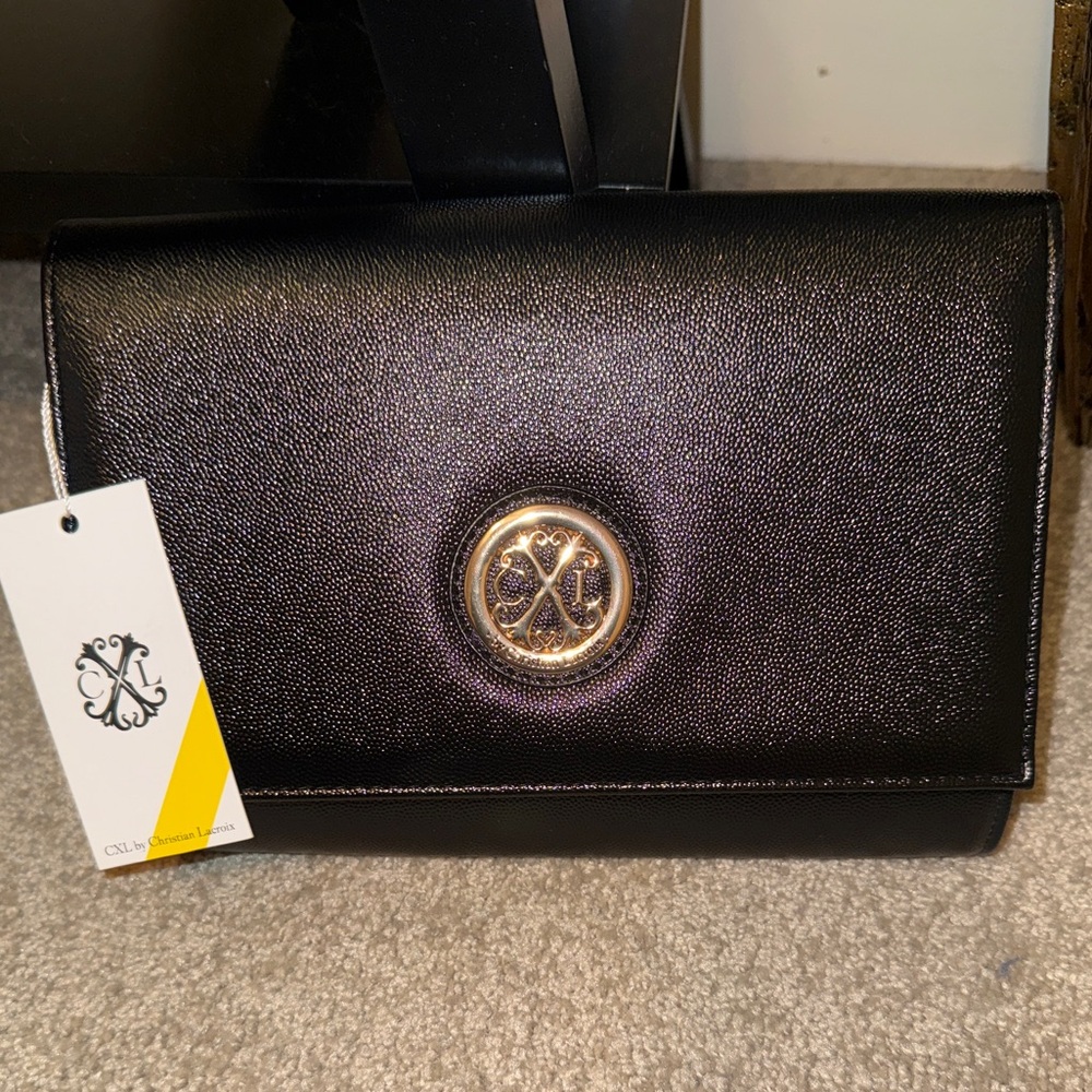 Christian Lacroix Paris Caviar Black and Gold Clutch